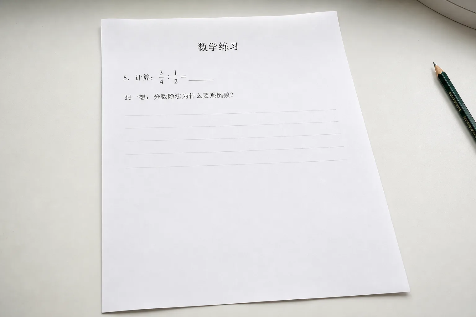 模拟手机远距离拍摄的六年级分数除法练习纸，题目为四分之三除以二分之一