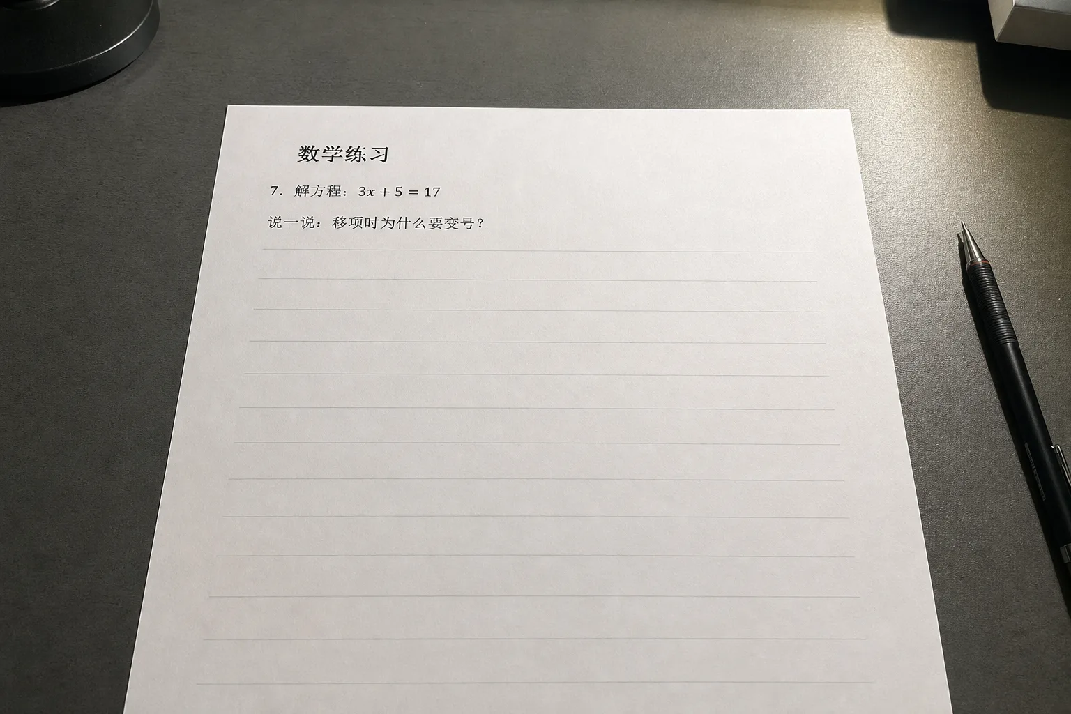 模拟手机远距离拍摄的初一方程练习纸，题目为三 x 加五等于十七并询问移项变号