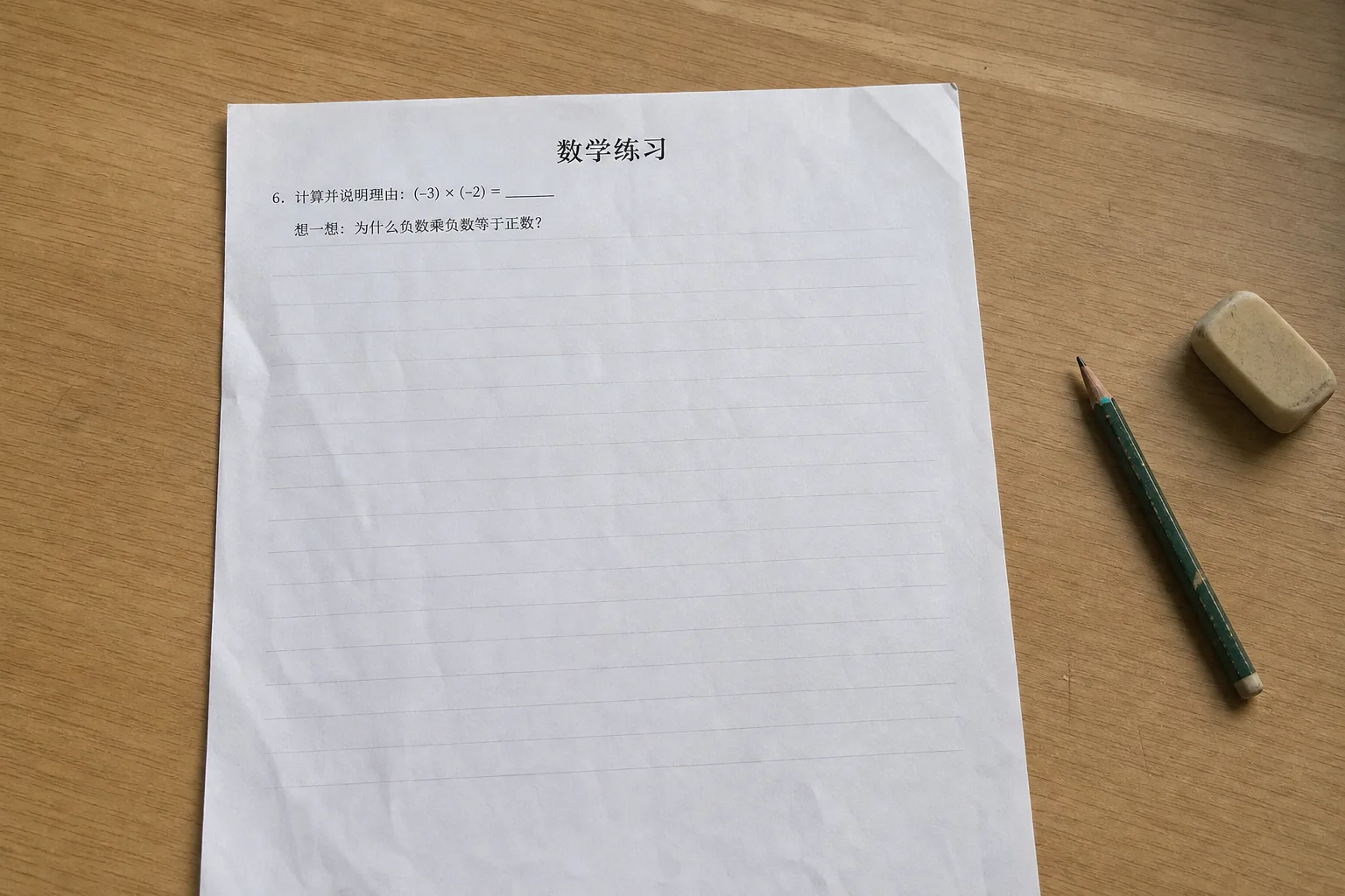 模拟手机远距离拍摄的初一数学练习纸，题目为负三乘负二并要求说明负负得正
