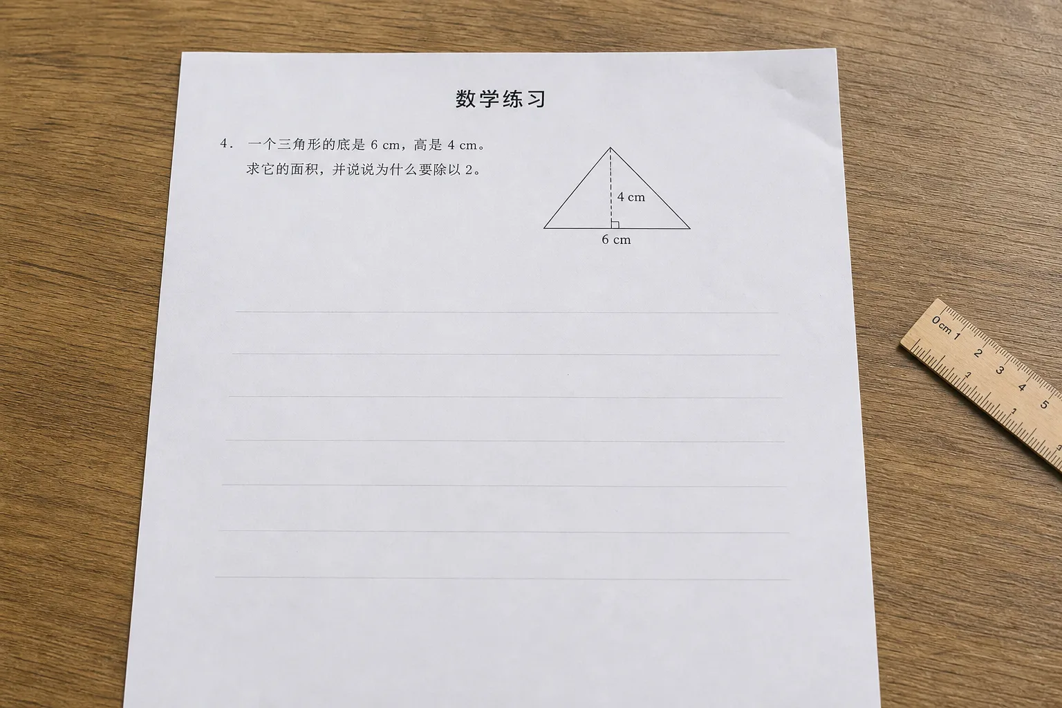 模拟手机远距离拍摄的五年级三角形面积练习纸，底六厘米高四厘米