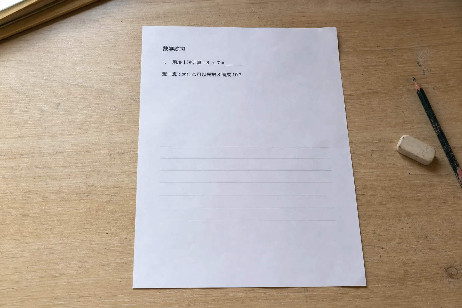 模拟手机远距离拍摄的一年级数学练习纸，题目是用凑十法计算八加七