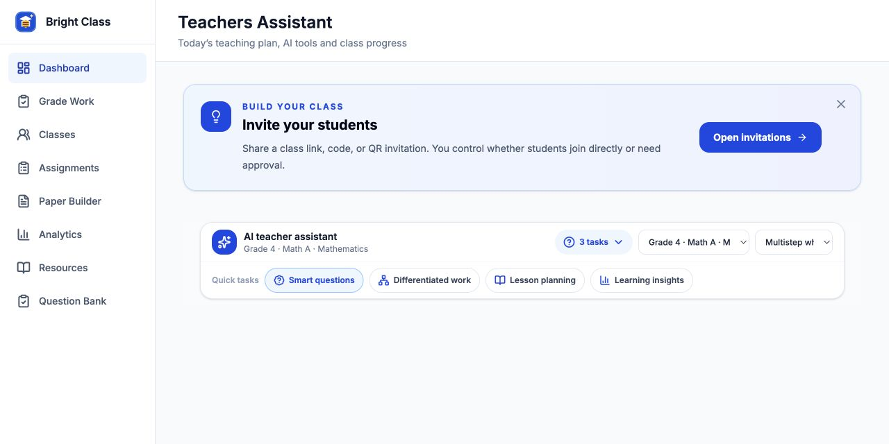Bright AI teacher workspace showing an example class and its assignments